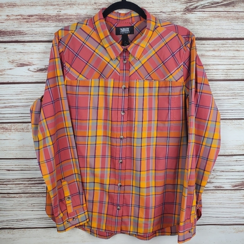 Alaskan Hardgear by Duluth Womens Large Orange/Pink Plaid Button Down Shirt